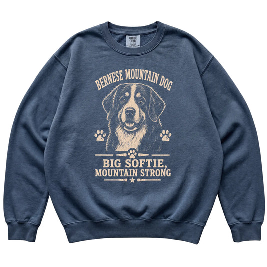 Denim Comfort Colors® sweatshirt featuring Big Softie, Mountain Strong - Bernese Mountain Dog, laid-flat presentation