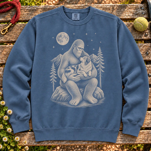 Australian Shepherd Bigfoot Holding on a Denim crewneck sweatshirt, shown flat