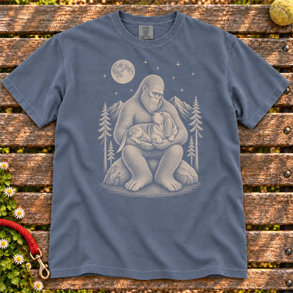 Basset Hound Bigfoot Holding on a Denim T-shirt, shown flat