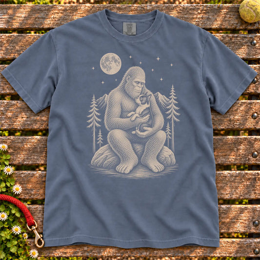 Boston Terrier Bigfoot Holding on a Denim T-shirt, shown flat