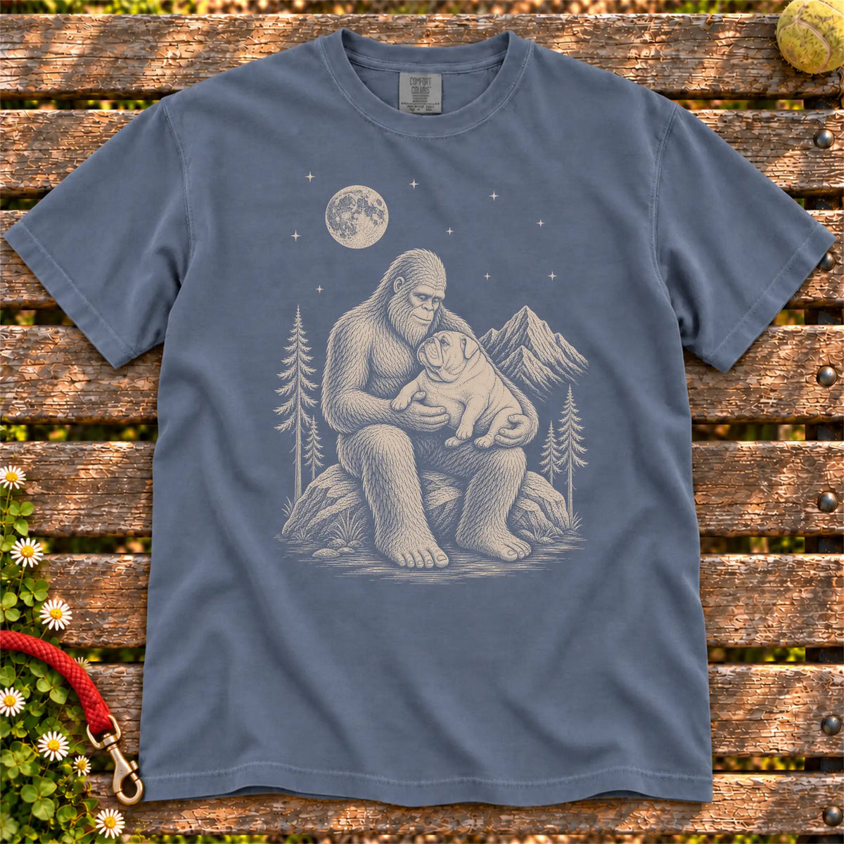 English Bulldog Bigfoot Holding on a Denim T-shirt, shown flat