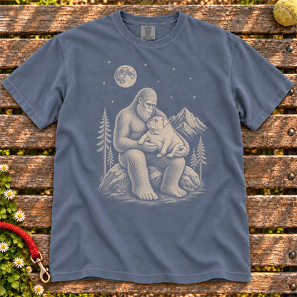 English Bulldog Bigfoot Holding on a Denim T-shirt, shown flat