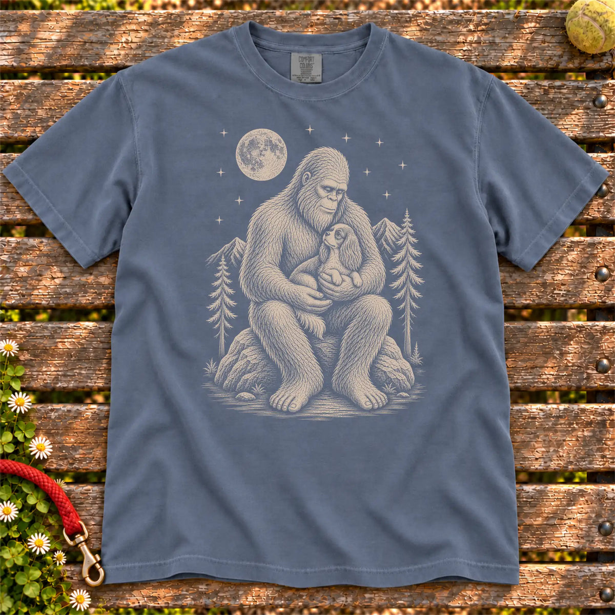 Cavalier King Charles Spaniel Bigfoot Holding on a Denim T-shirt, shown flat
