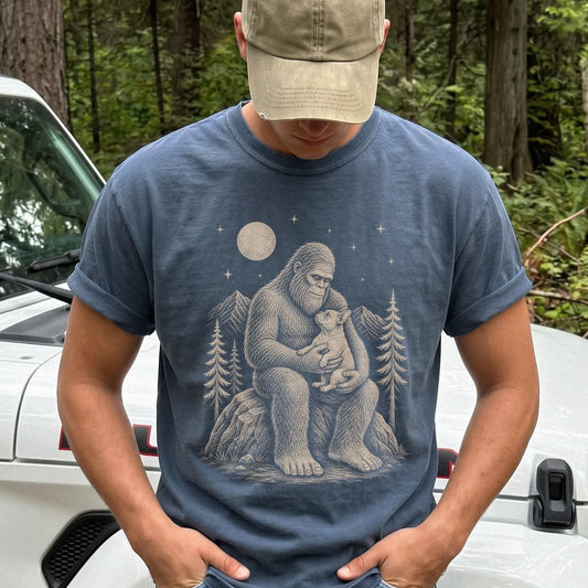 Person wearing the Bigfoot and Frenchie T-Shirt in Denim