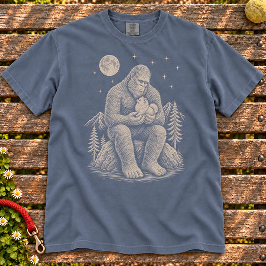 Pomeranian Bigfoot Holding on a Denim T-shirt, shown flat