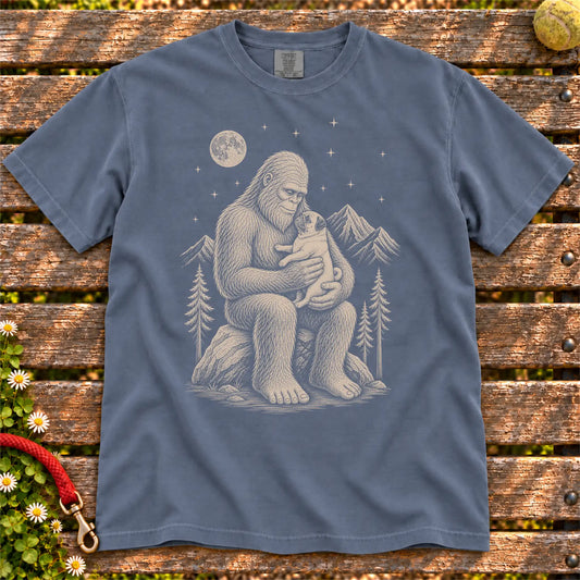 Pug Bigfoot Holding on a Denim T-shirt, shown flat
