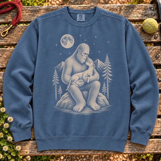 Whippet Bigfoot Holding on a Denim crewneck sweatshirt, shown flat