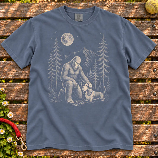 Basset Hound Bigfoot Petting on a Denim T-shirt, shown flat