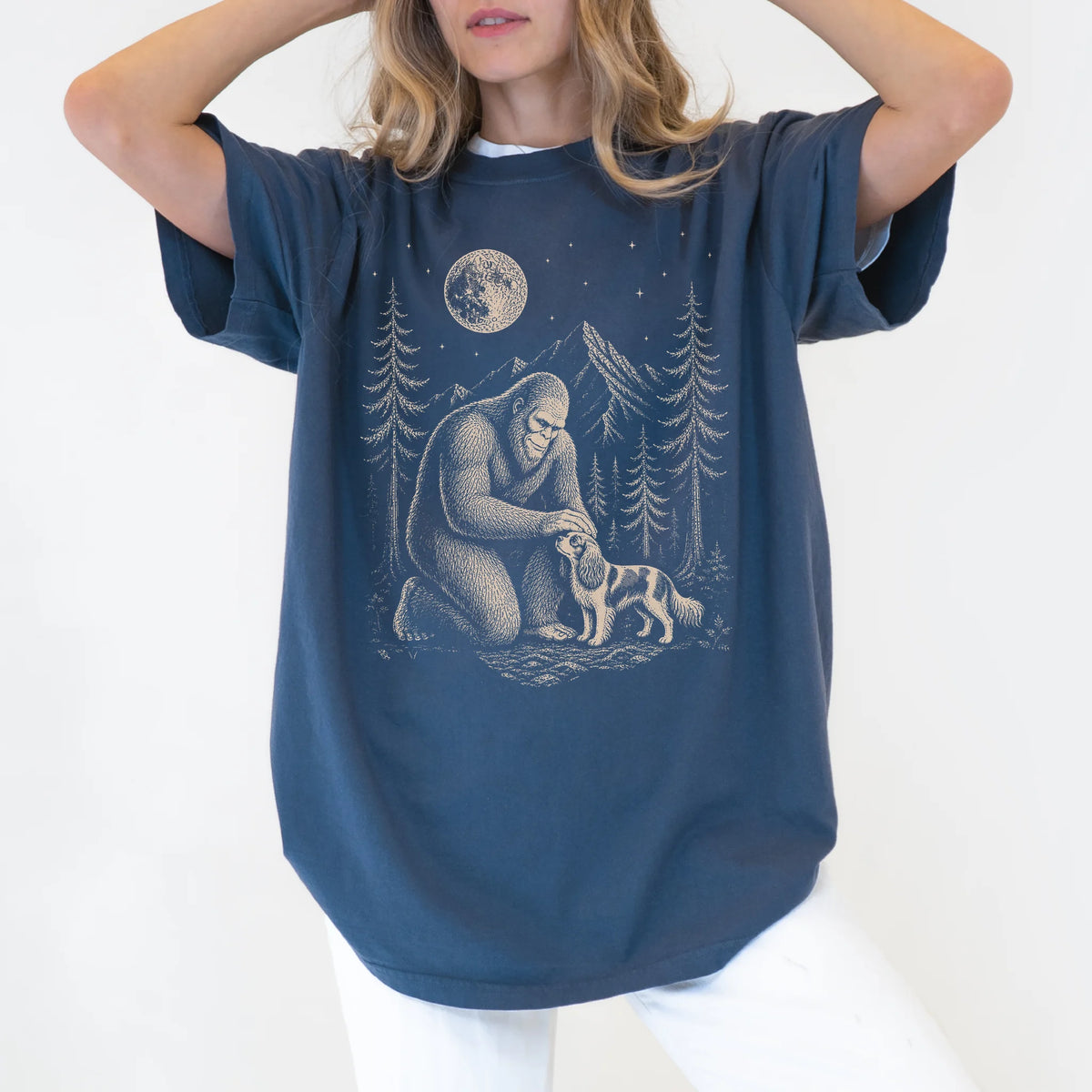 Person wearing the Cavalier and Bigfoot T-Shirt in Denim