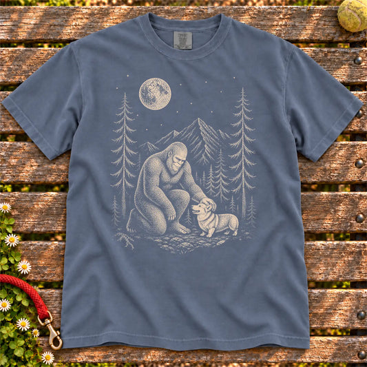 Corgi Bigfoot Petting on a Denim T-shirt, shown flat