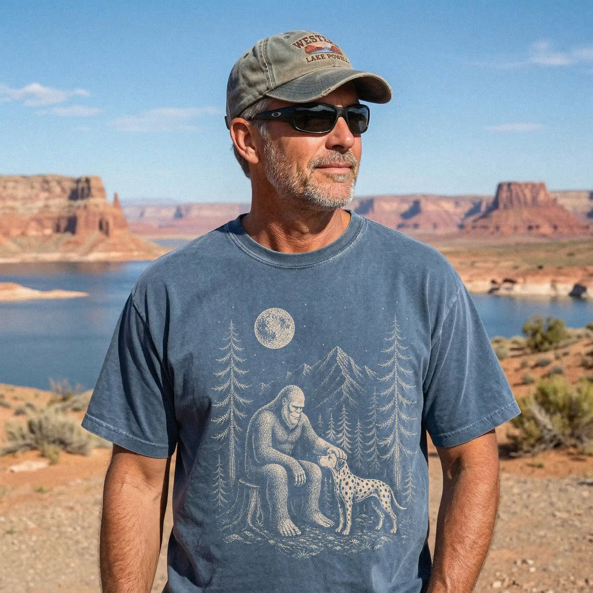 Person wearing the Dalmatian and Bigfoot T-Shirt in Denim