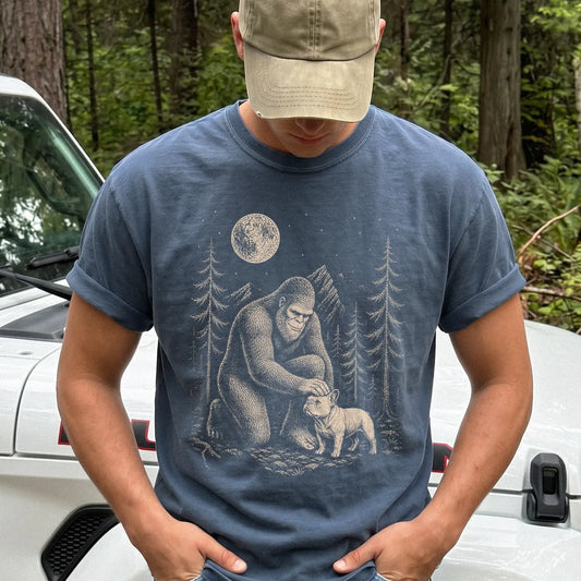 Model wearing a Denim Comfort Colors® T-shirt with bigfoot petting a french bulldog beneath the moon in a pine forest