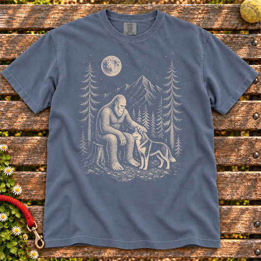 Husky Bigfoot Petting on a Denim T-shirt, shown flat