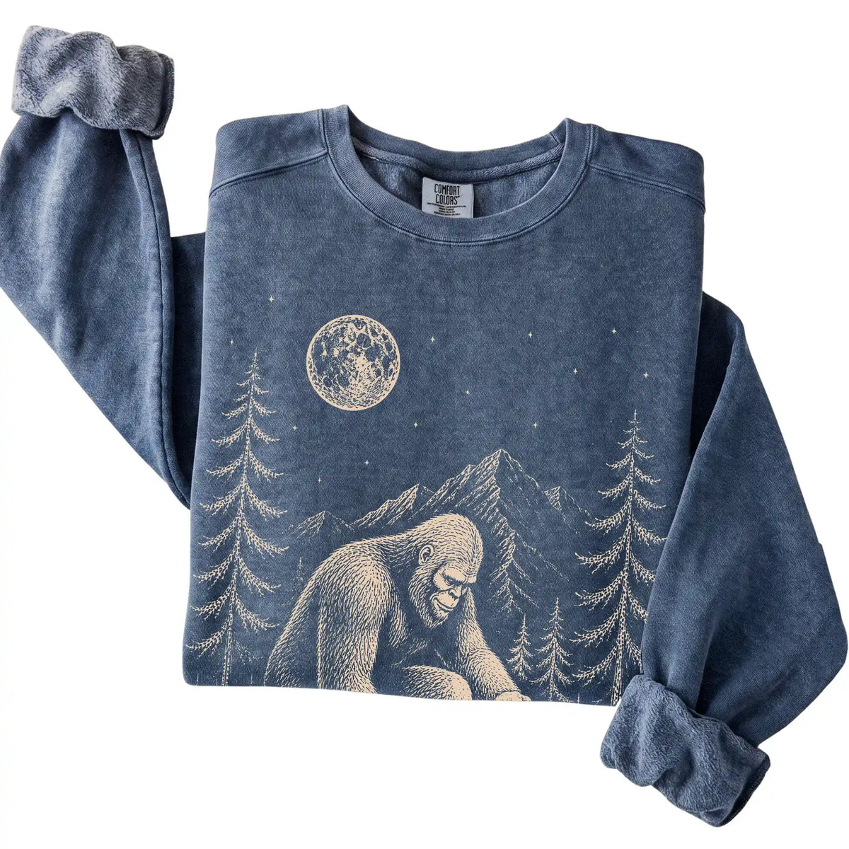 Denim Comfort Colors sweatshirt featuring Bigfoot petting a Jack Russell