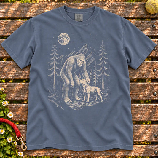 Pitbull Bigfoot Petting on a Denim T-shirt, shown flat