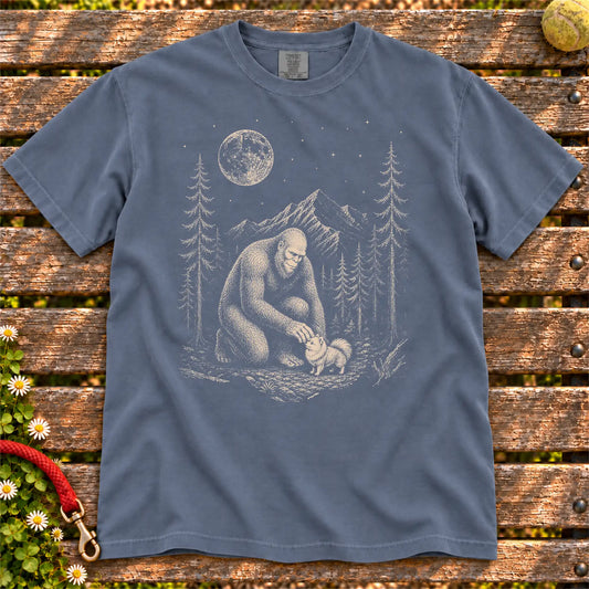 Pomeranian Bigfoot Petting on a Denim T-shirt, shown flat
