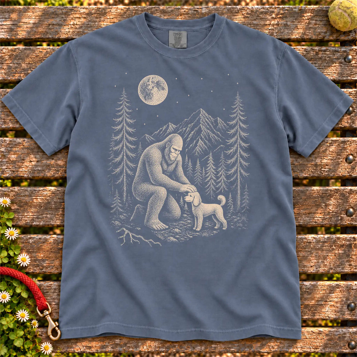 Poodle Bigfoot Petting on a Denim T-shirt, shown flat