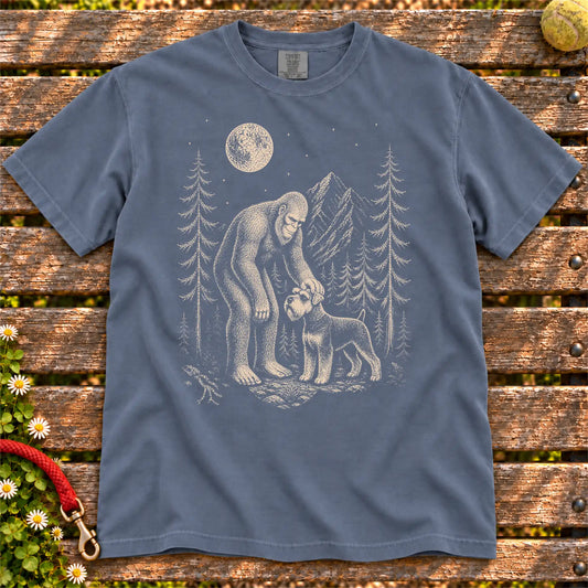 Schnauzer Bigfoot Petting on a Denim T-shirt, shown flat