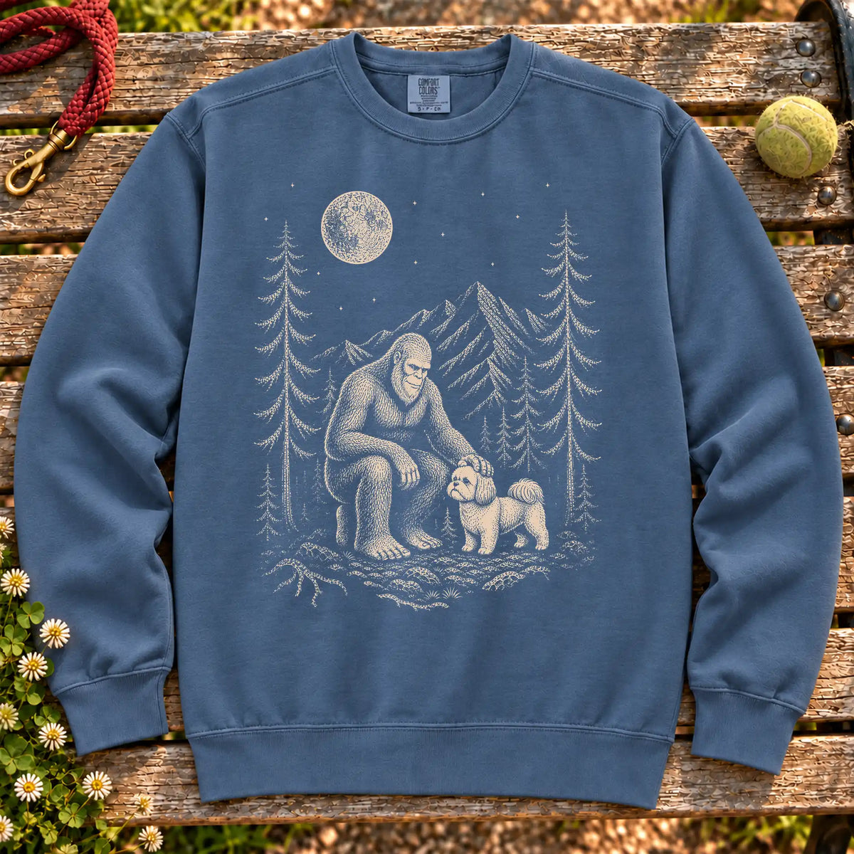Shih Tzu Bigfoot Petting on a Denim crewneck sweatshirt, shown flat