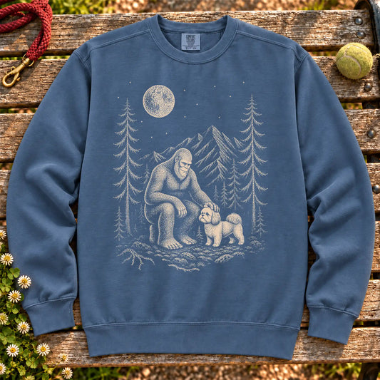 Shih Tzu Bigfoot Petting on a Denim crewneck sweatshirt, shown flat