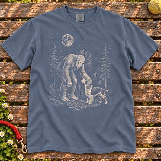 Springer Spaniel Bigfoot Petting on a Denim T-shirt, shown flat