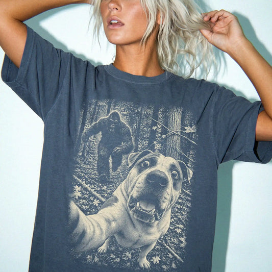 Denim American Bulldog Bigfoot selfie T-shirt, worn by a model