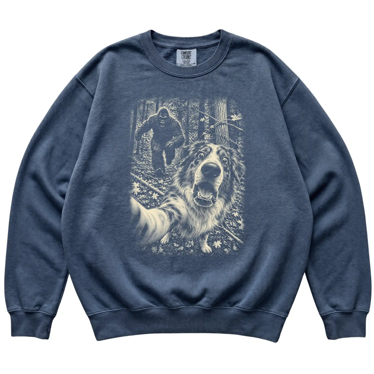 Denim Australian Shepherd Bigfoot selfie sweatshirt, full garment view