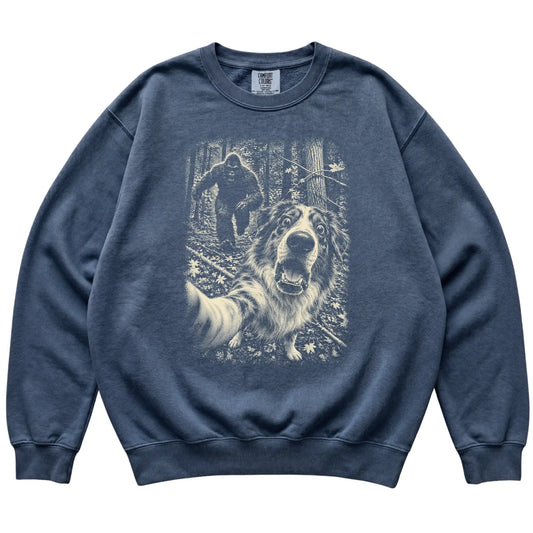 Denim Australian Shepherd Bigfoot selfie sweatshirt, full garment view