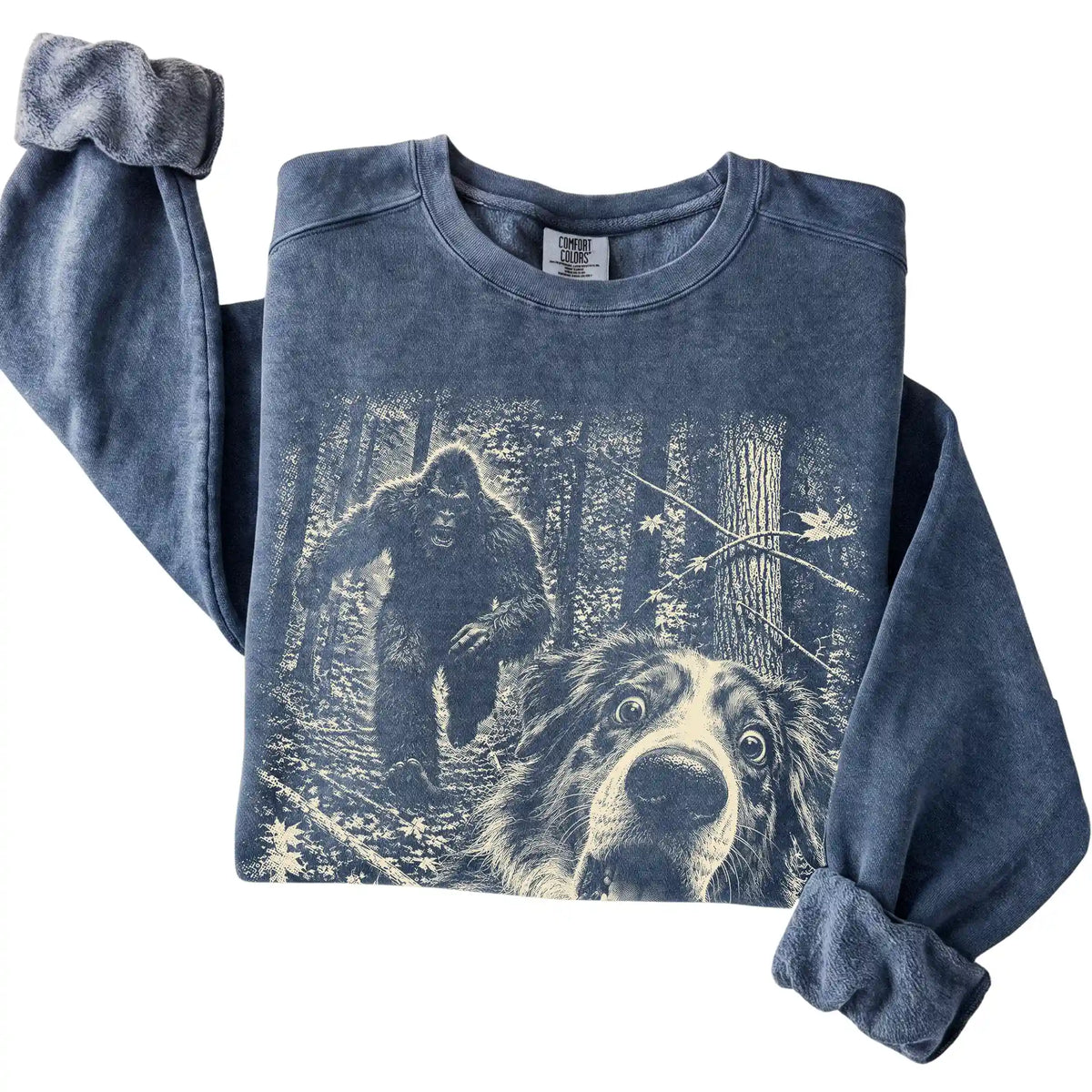 Denim Australian Shepherd Bigfoot selfie sweatshirt, close-up view