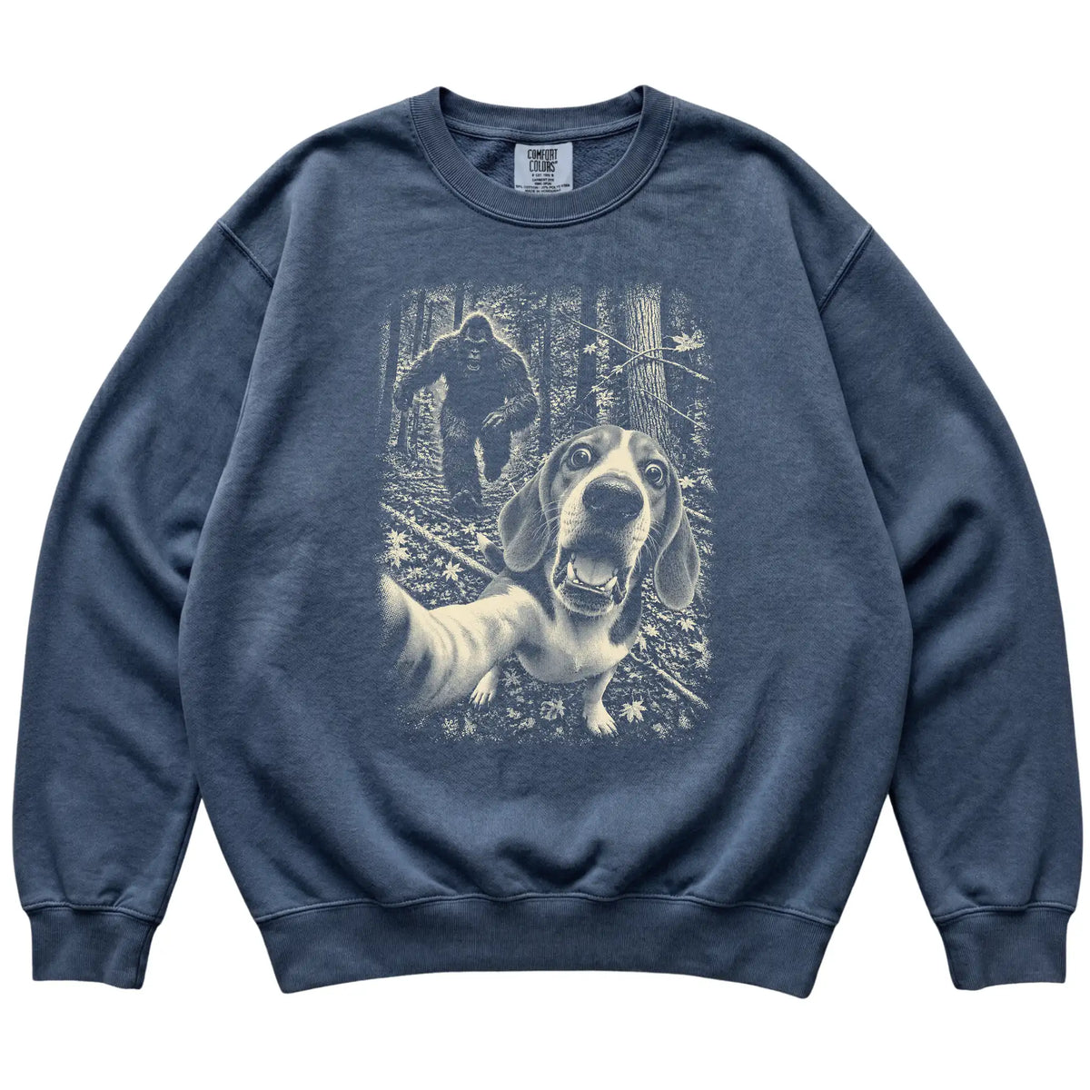 Denim Beagle Bigfoot selfie sweatshirt, full garment view