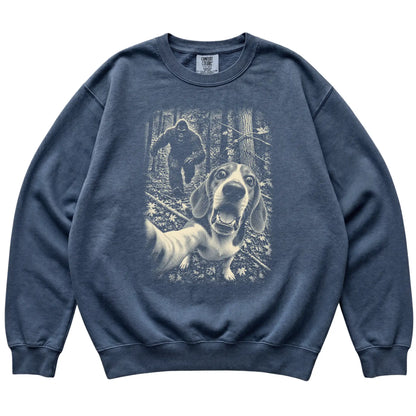Denim Beagle Bigfoot selfie sweatshirt, full garment view
