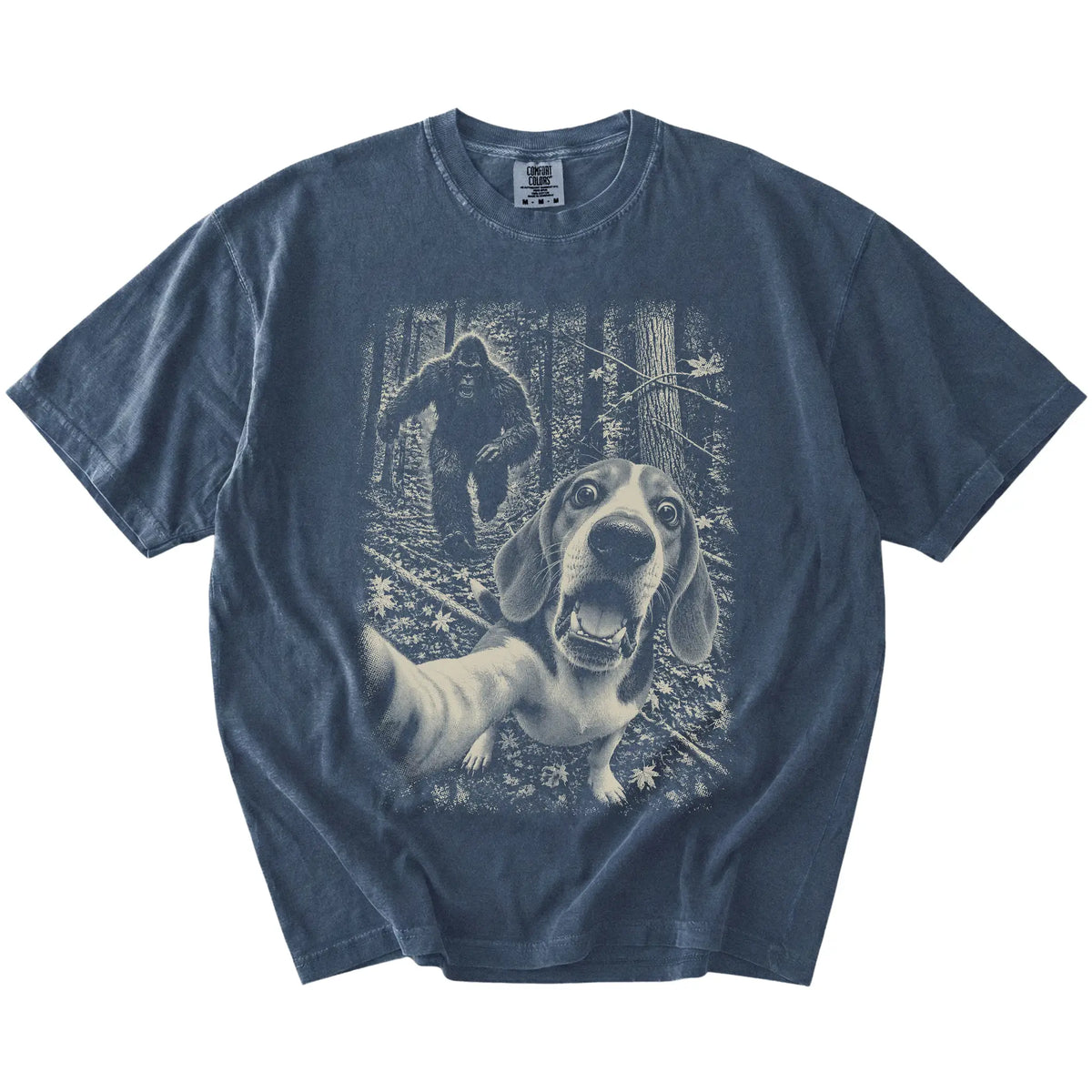 Denim Beagle Bigfoot selfie T-shirt, full garment view