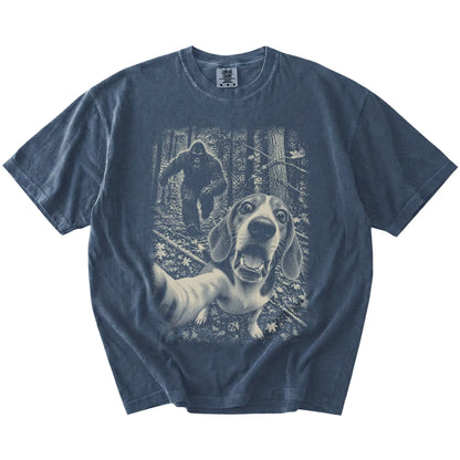Denim Beagle Bigfoot selfie T-shirt, full garment view