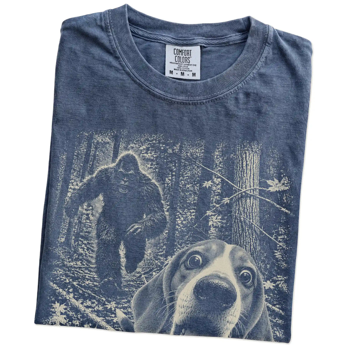 Denim Beagle Bigfoot selfie T-shirt, close-up view