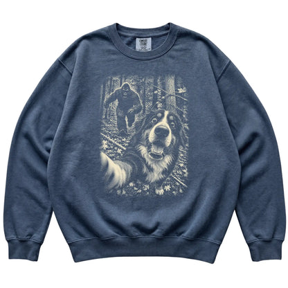 Denim Bernese Mountain Dog Bigfoot selfie sweatshirt, full garment view