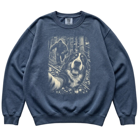 Denim Bernese Mountain Dog Bigfoot selfie sweatshirt, full garment view