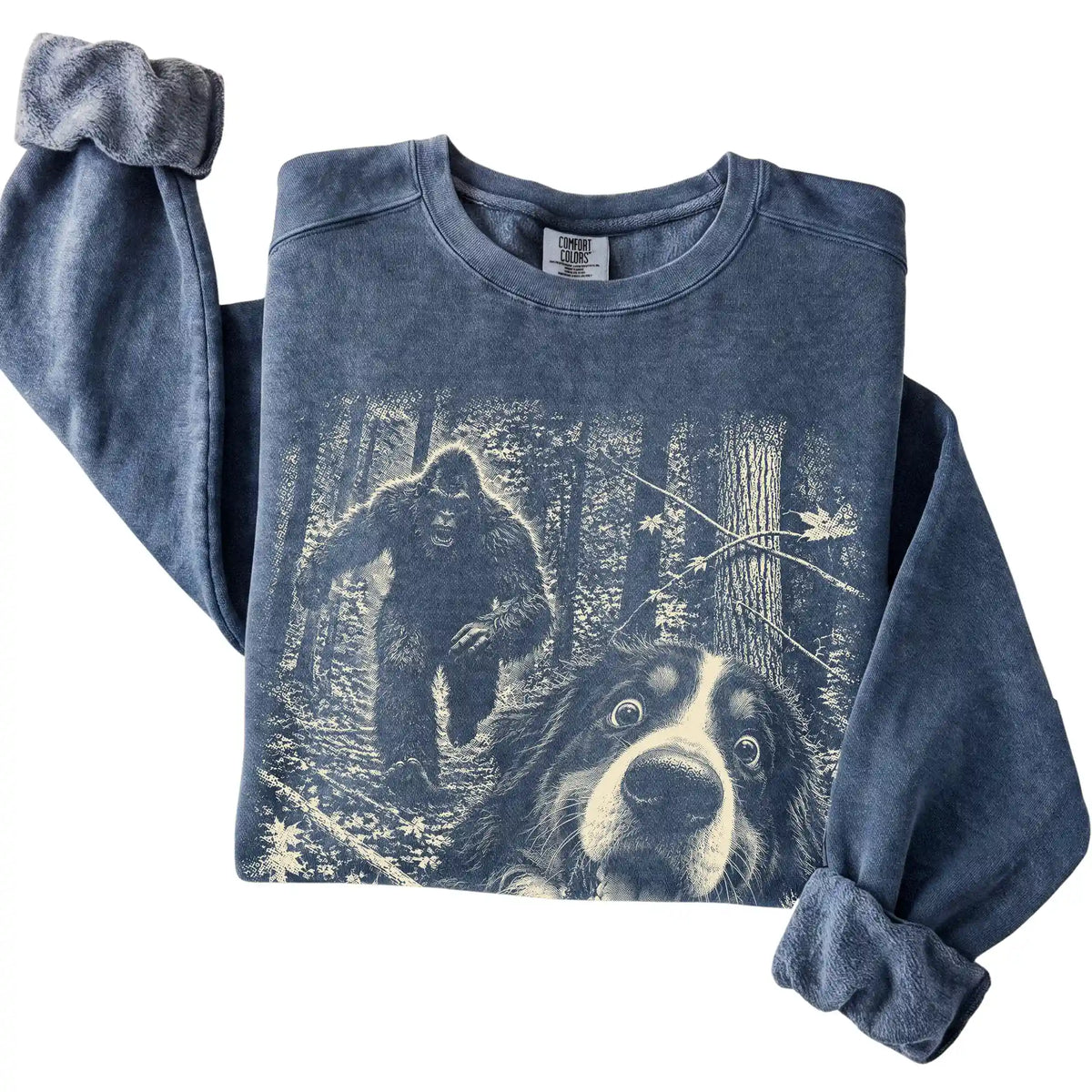 Denim Bernese Mountain Dog Bigfoot selfie sweatshirt, close-up view