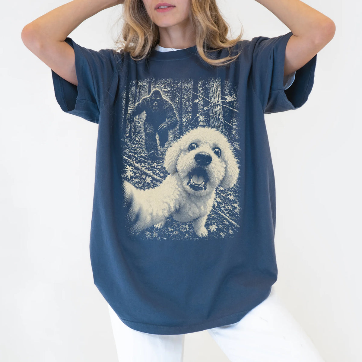 Denim Bichon Frise Bigfoot selfie T-shirt, worn by a model