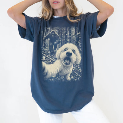 Denim Bichon Frise Bigfoot selfie T-shirt, worn by a model