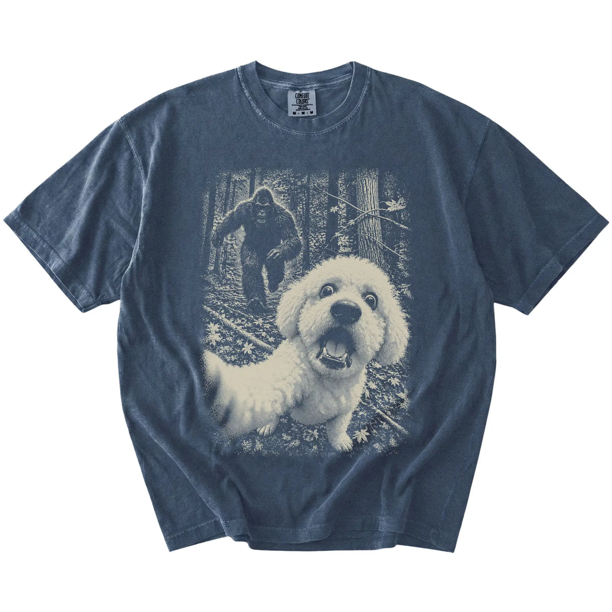 Denim Bichon Frise Bigfoot selfie T-shirt, full garment view