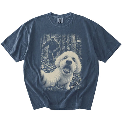 Denim Bichon Frise Bigfoot selfie T-shirt, full garment view