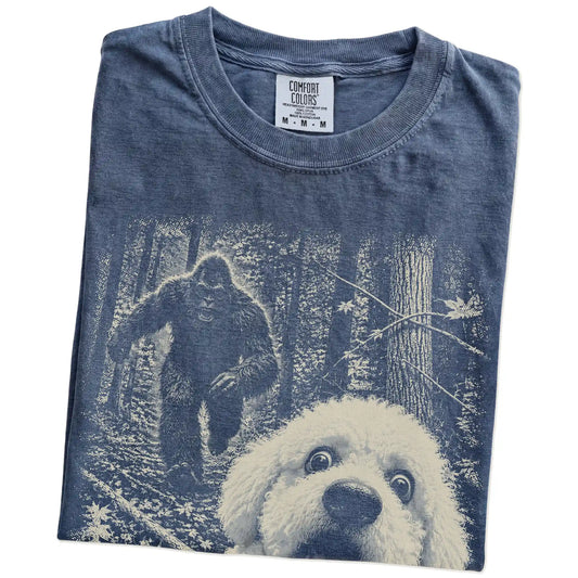 Denim Bichon Frise Bigfoot selfie T-shirt, close-up view