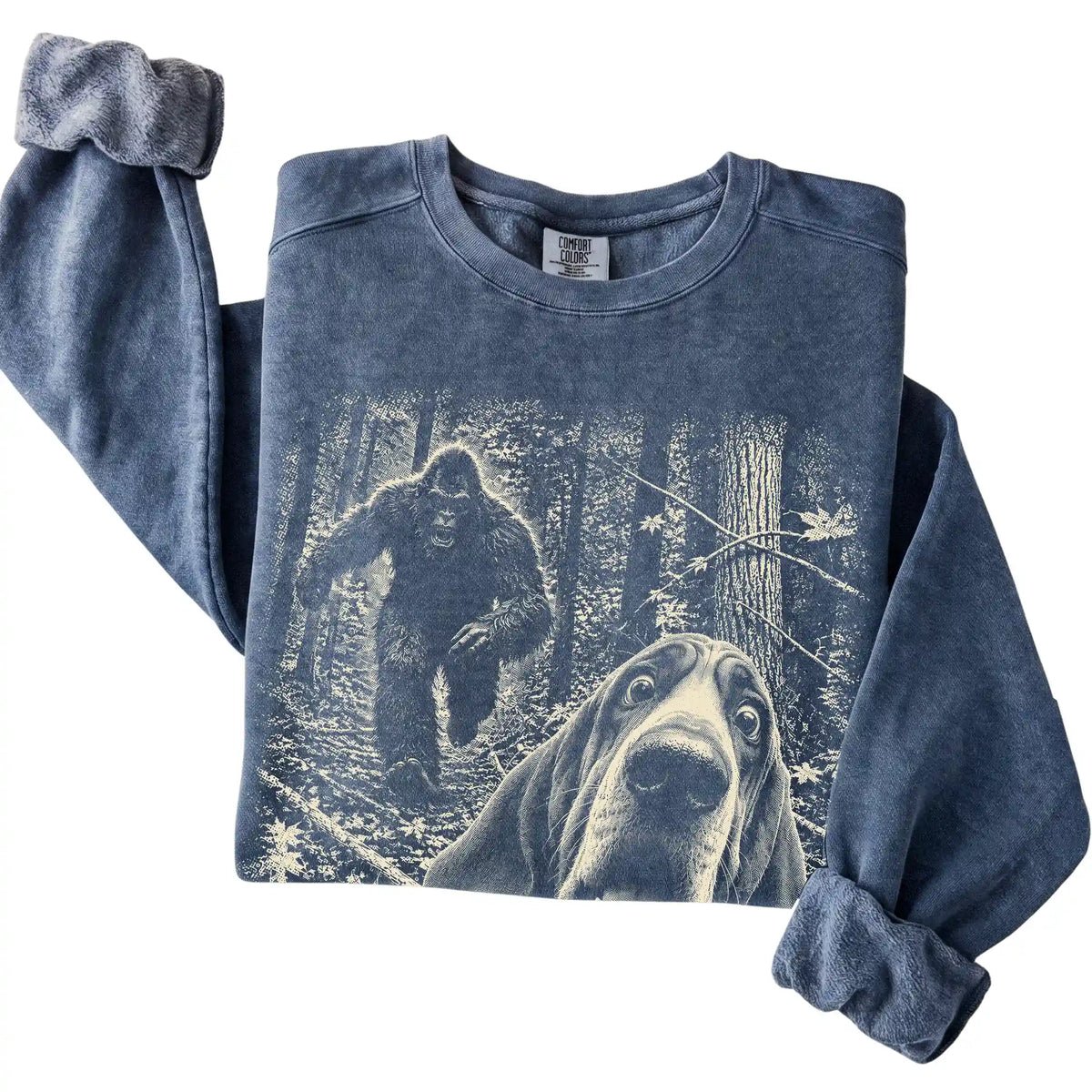 Denim Bloodhound Bigfoot selfie sweatshirt, close-up view