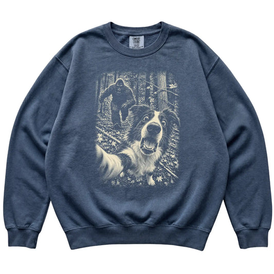 Denim Border Collie Bigfoot selfie sweatshirt, full garment view