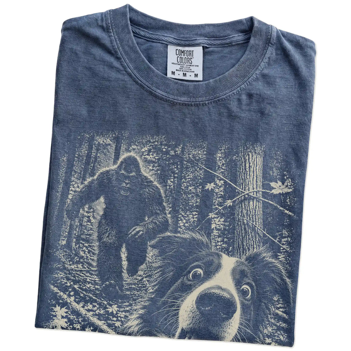 Denim Border Collie Bigfoot selfie T-shirt, close-up view