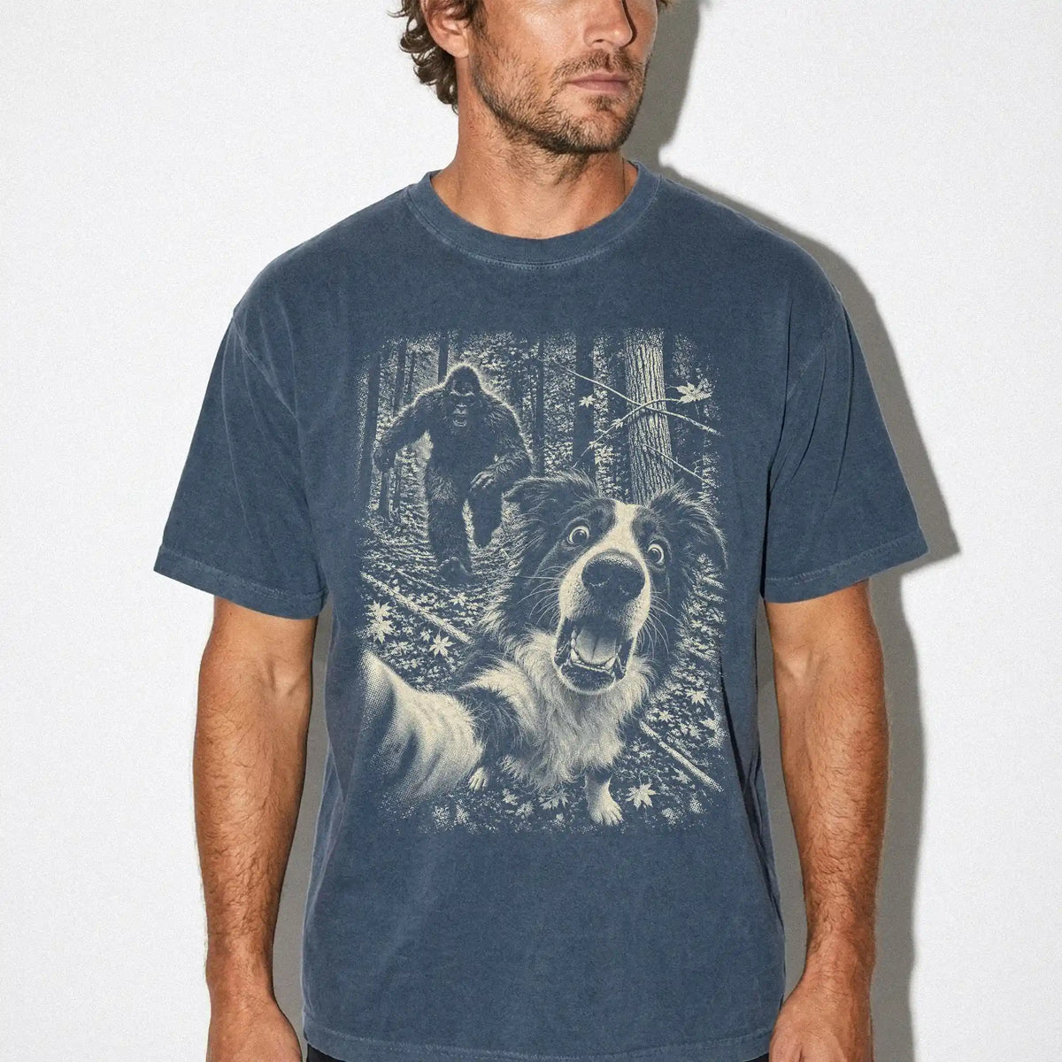 Denim Border Collie Bigfoot selfie T-shirt, worn by a model