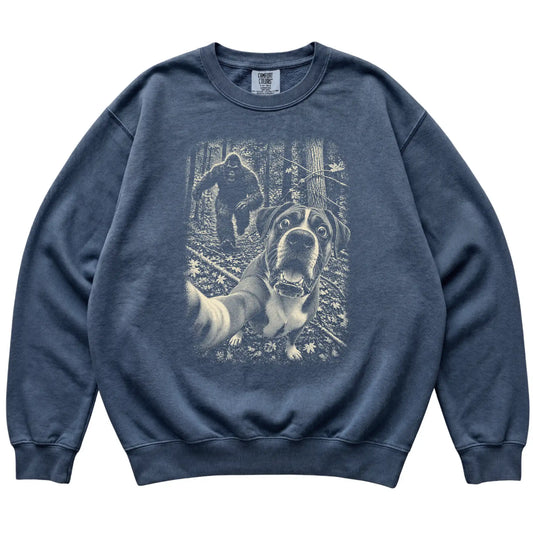 Denim Boxer Bigfoot selfie sweatshirt, full garment view
