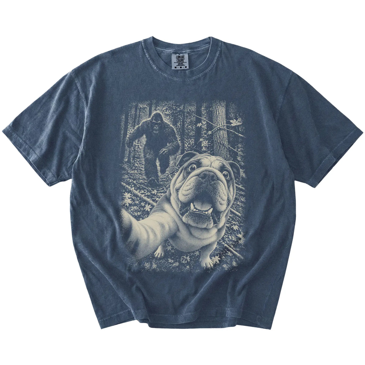 Denim English Bulldog Bigfoot selfie T-shirt, full garment view