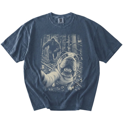 Denim English Bulldog Bigfoot selfie T-shirt, full garment view