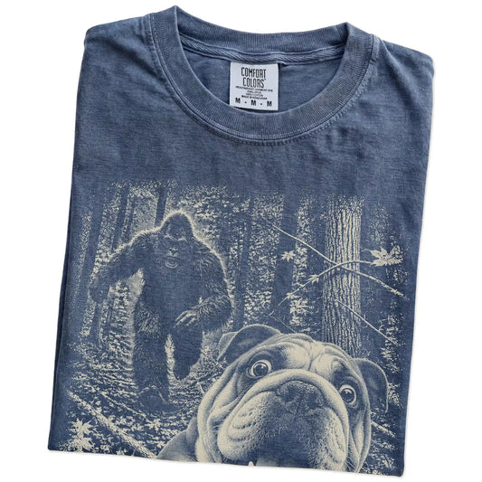 Denim English Bulldog Bigfoot selfie T-shirt, close-up view
